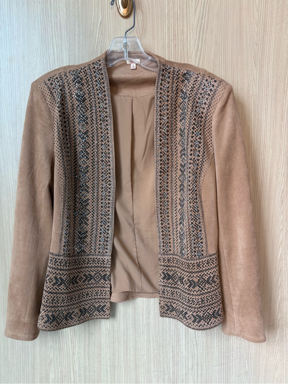Reba Tan Suede-Look Jacket with Red Logo Label